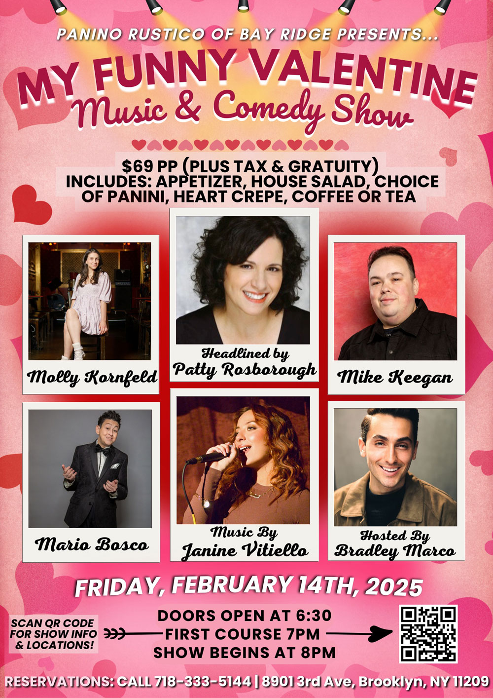 Panino Rustico of Bayridge Presents Valentine Music & Comedy Show on Friday, February 14th, 2025, $69 per person, Includes: appetizers, house salad, choice of panini heart crepe, coffee or tea.